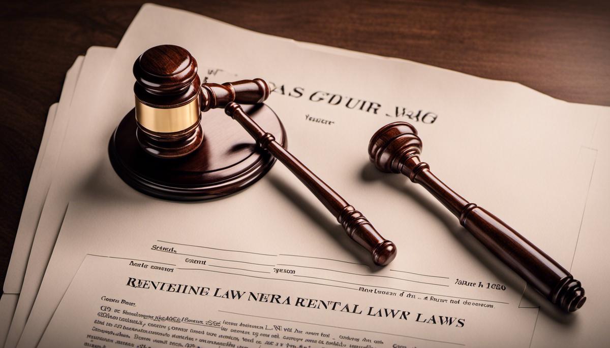 Image of a rental document with a gavel on top, symbolizing court cases related to rental laws.